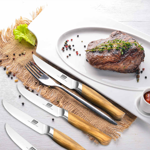 Set de 6 couteaux à steak aiguisés comme des rasoirs avec manche en bois d'olivier