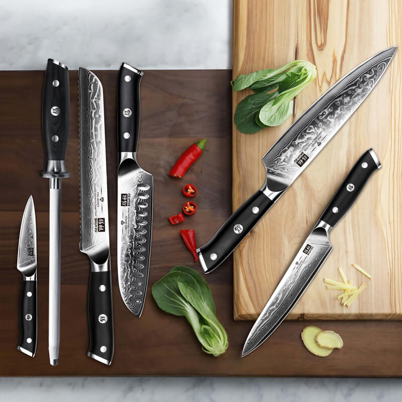 Damascus Kitchen Knife Set 7 Pcs Hold on with the G10 Handle Knife SHAN ZU PRO Series